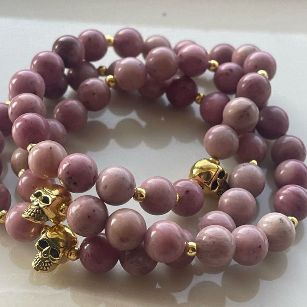 Rhodonite skull gold tone ONE stretch bracelet NEW crystal meditation yoga stone - Picture 7 of 7